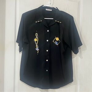 FINAL PRICE Vintage Just for Fun Black Shirt with Colorful Embroidery